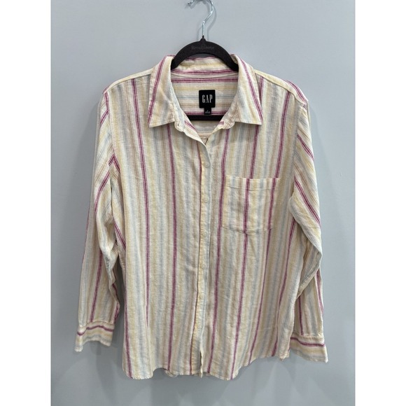 GAP Tops - GAP Linen Blend Striped Button Up Shirt Women's Large Long Sleeve Casual